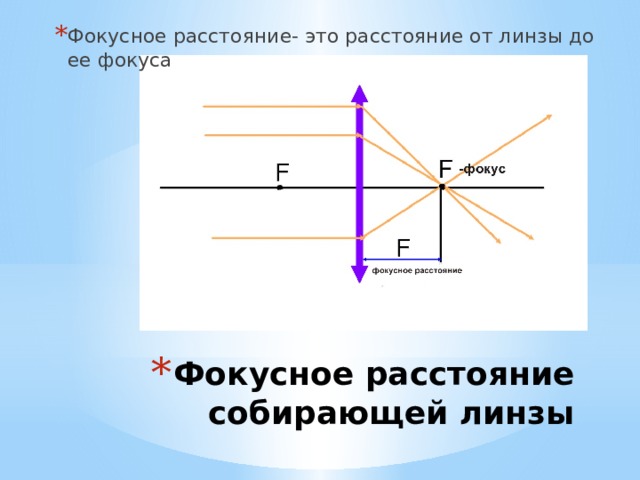Фокусное расстояние- это расстояние от линзы до ее фокуса Фокусное расстояние собирающей линзы