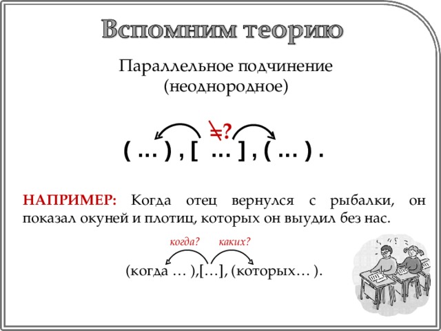 Параллельное подчинение (неоднородное) =? ( … ) , [ … ] , ( … ) . НАПРИМЕР: Когда отец вернулся с рыбалки, он показал окуней и плотиц, которых он выудил без нас. (когда … ),[…], (которых… ). когда? каких?