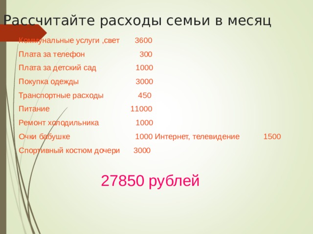 Рассчитайте расходы семьи в месяц Коммунальные услуги ,свет 3600 Плата за телефон 300 Плата за детский сад 1000 Покупка одежды 3000 Транспортные расходы 450 Питание 11000 Ремонт холодильника 1000 Очки бабушке 1000 Интернет, телевидение 1500 Спортивный костюм дочери 3000 27850 рублей