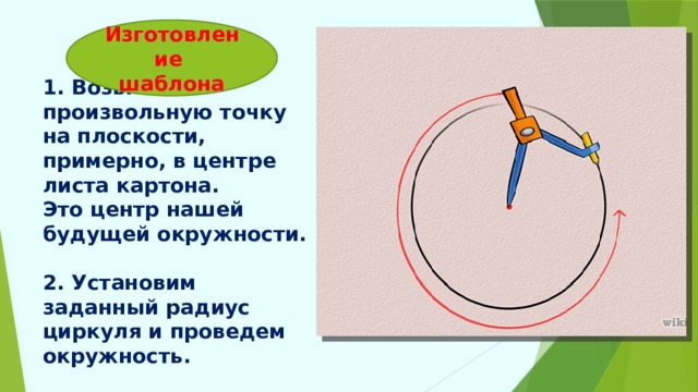 Изготовление  шаблона 1. Возьмём произвольную точку на плоскости, примерно, в центре листа картона.  Это центр нашей будущей окружности.   2. Установим заданный радиус циркуля и проведем окружность.