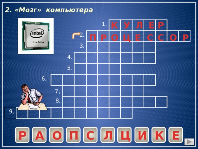 2. «Мозг» компьютера У К Р Е Л 2. 9. 6. 4. 3. 1. 5. 7 . 8. С П Ц Е Р С О Р О С Е К И Ц Л П О А Р