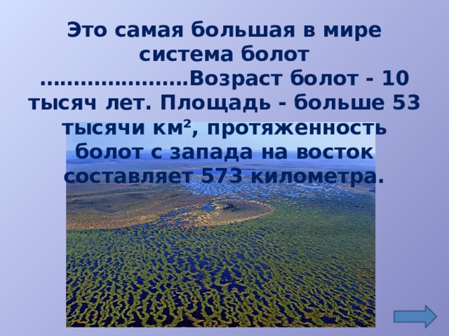 Это самая большая в мире система болот ………………….Возраст болот - 10 тысяч лет. Площадь - больше 53 тысячи км², протяженность болот с запада на восток составляет 573 километра.