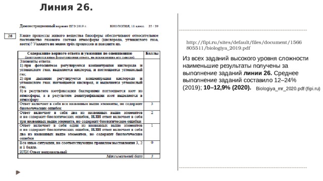 Линия 26.   http://fipi.ru/sites/default/files/document/1566805511/biologiya_2019.pdf Из всех заданий высокого уровня сложности наименьшие результаты получены за выполнение заданий линии 26. Среднее выполнение заданий составило 12–24% (2019); 10–12,9% (2020). Biologiya_mr_2020.pdf (fipi.ru)