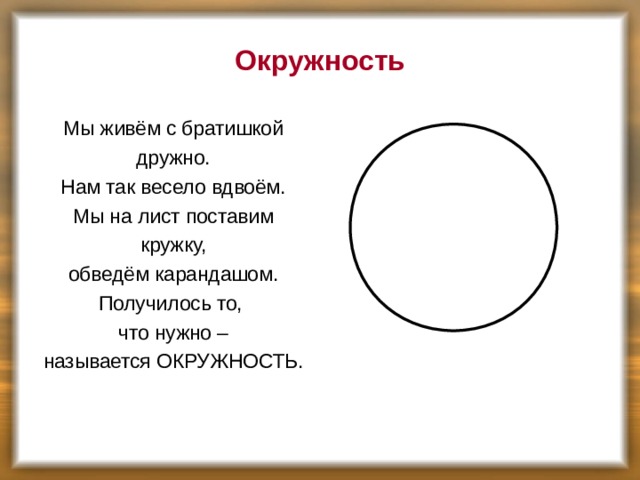 Окружность Мы живём с братишкой дружно. Нам так весело вдвоём. Мы на лист поставим кружку, обведём карандашом. Получилось то, что нужно – называется ОКРУЖНОСТЬ.