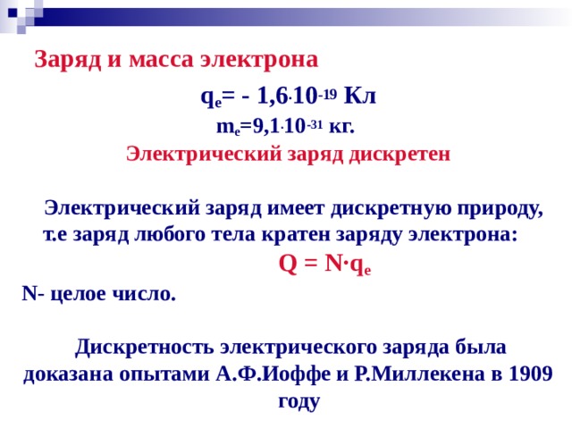 Заряд и масса электрона q e = - 1,6 . 10 -19 Кл m e =9,1 . 10 -31 кг.  Электрический заряд дискретен   Электрический заряд имеет дискретную природу, т.е заряд любого тела кратен заряду электрона:  Q = N·q e N- целое число.   Дискретность электрического заряда была доказана опытами А.Ф.Иоффе и Р.Миллекена в 1909 году