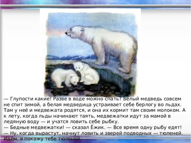 — Глупости какие! Разве в воде можно спать? Белый медведь совсем не спит зимой, а белая медведица устраивает себе берлогу во льдах. Там у неё и медвежата родятся, и она их кормит там своим молоком. А к лету, когда льды начинают таять, медвежатки идут за мамой в ледяную воду — и учатся ловить себе рыбку.  — Бедные медвежатки! — сказал Ёжик. — Все время одну рыбу едят!  — Ну, когда вырастут, начнут ловить и зверей подводных — тюленей. Идём, я покажу тебе тюленей.