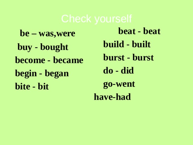 Check yourself  be – was,were  buy - bought  become - became  begin - began  bite - bit  beat - beat  build - built  burst - burst  do - did  go-went have-had