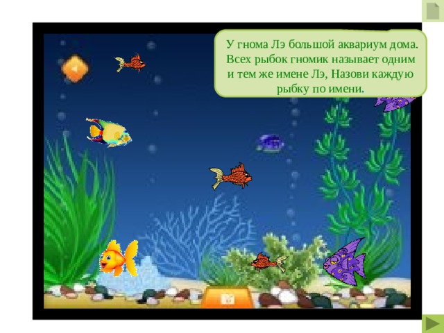 У гнома Лэ большой аквариум дома. Всех рыбок гномик называет одним и тем же имене Лэ, Назови каждую рыбку по имени .