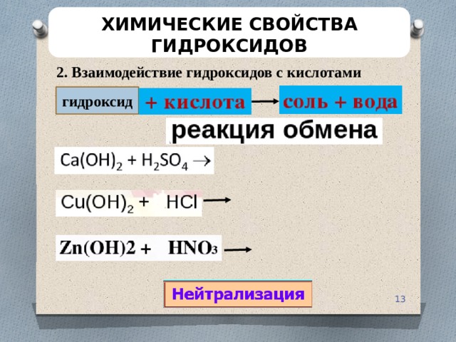 ХИМИЧЕСКИЕ СВОЙСТВА ГИДРОКСИДОВ 2. Взаимодействие гидроксидов с кислотами гидроксид