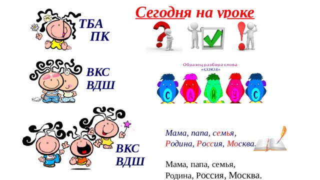 Сегодня на уроке ТБА ПК        Мама, папа, с е м ь я, Р одина, Р о сс ия, Мо сква.  Мама, папа, семья, Родина, Р оссия, Москва. ВКС ВДШ ВКС ВДШ