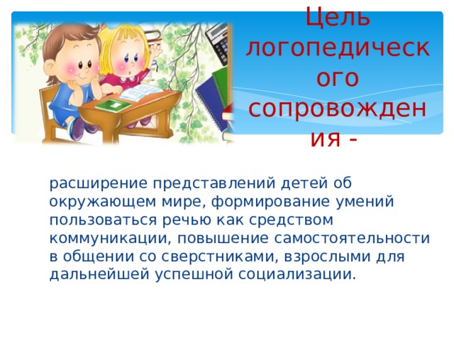 Цель логопедического сопровождения -  расширение представлений детей об окружающем мире, формирование умений пользоваться речью как средством коммуникации, повышение самостоятельности в общении со сверстниками, взрослыми для дальнейшей успешной социализации.