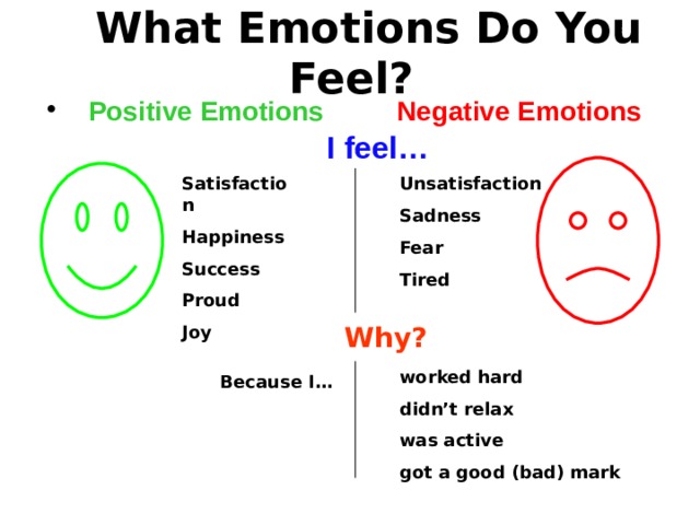 What Emotions Do You Feel?  Positive Emotions   Negative Emotions       I feel… Satisfaction Happiness Success Proud Joy Unsatisfaction Sadness Fear Tired  Why? worked hard didn’t relax was active got a good (bad) mark  Because I…