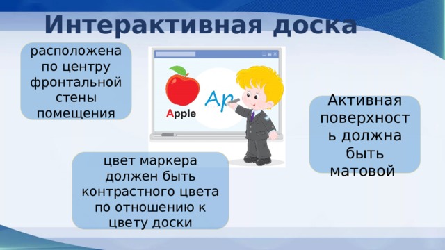 Интерактивная доска расположена по центру фронтальной стены помещения Активная поверхность должна быть матовой цвет маркера должен быть контрастного цвета по отношению к цвету доски