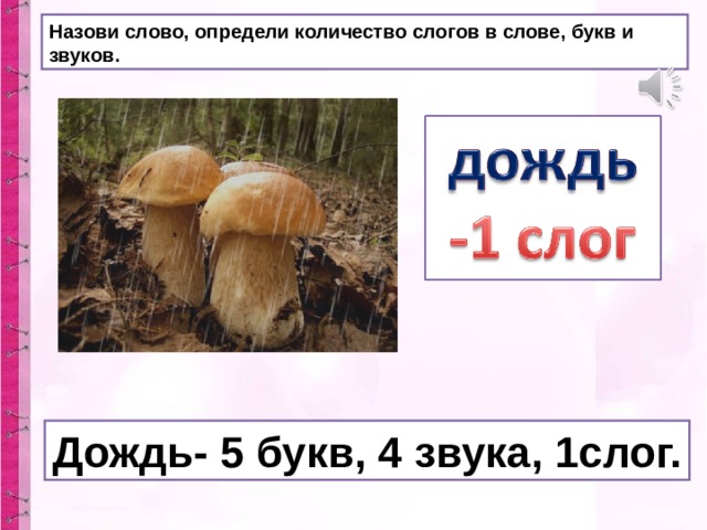 Назови слово, определи количество слогов в слове, букв и звуков. Дождь- 5 букв, 4 звука, 1слог.