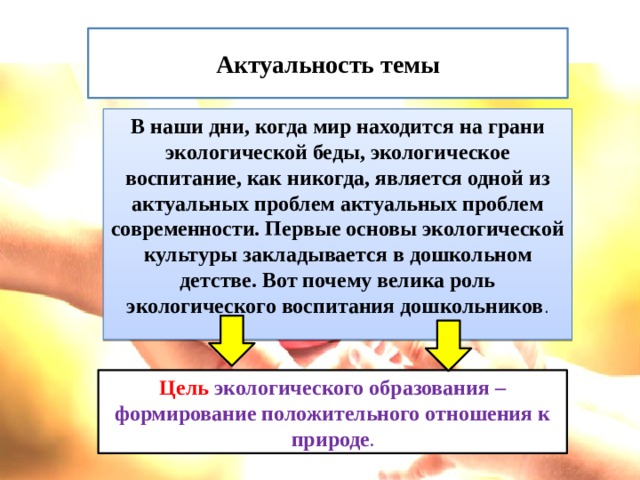 Актуальность темы В наши дни, когда мир находится на грани экологической беды, экологическое воспитание, как никогда, является одной из актуальных проблем актуальных проблем современности. Первые основы экологической культуры закладывается в дошкольном детстве. Вот почему велика роль экологического воспитания дошкольников . Цель экологического образования – формирование положительного отношения к природе .