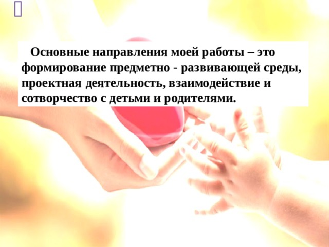      Основные направления моей работы – это формирование предметно - развивающей среды, проектная деятельность, взаимодействие и сотворчество с детьми и родителями.