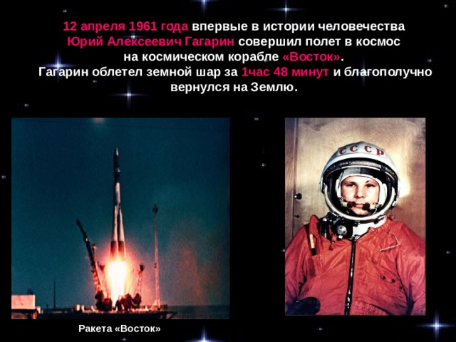 12 апреля 1961 года впервые в истории человечества Юрий Алексеевич Гагарин совершил полет в космос на космическом корабле «Восток» . Гагарин облетел земной шар за 1час 48 минут и благополучно вернулся на Землю.  Ракета «Восток»