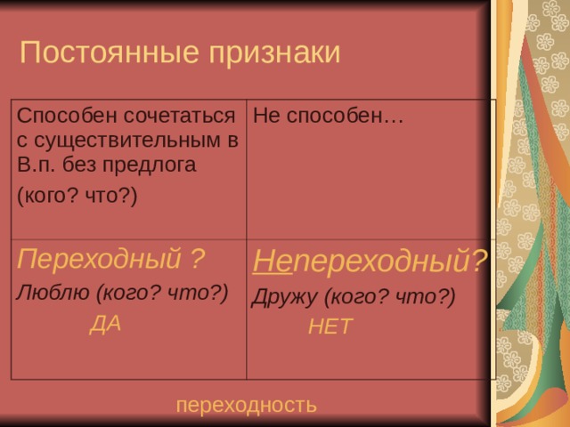 Вижу чайку признаки существительного. Постоянные признаки. Переходные и непереходные глаголы. Постоянные постоянные признаки. Постоянные признаки переходность.