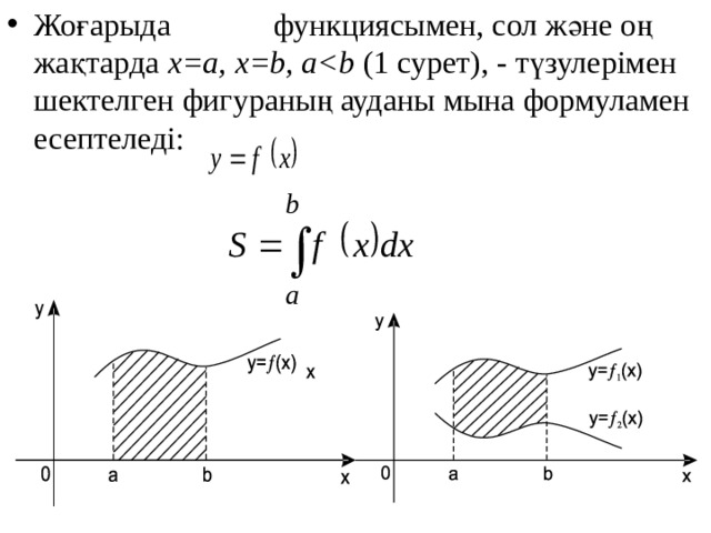 Жоғарыда функциясымен, сол және оң жақтарда x=a, x=b, a (1 сурет), - түзулерімен шектелген фигураның ауданы мына формуламен есептеледі: