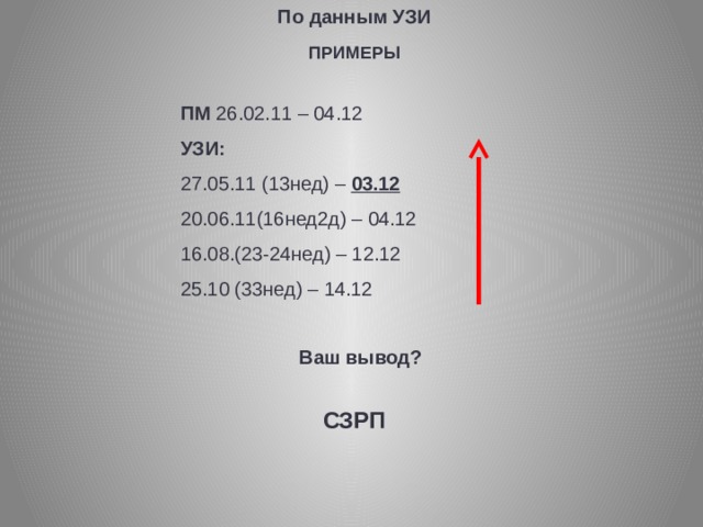 По данным УЗИ ПРИМЕРЫ ПМ 26.02.11 – 04.12 УЗИ: 27.05.11 (13нед) – 03.12 20.06.11(16нед2д) – 04.12 16.08.(23-24нед) – 12.12 25.10 (33нед) – 14.12 Ваш вывод? СЗРП