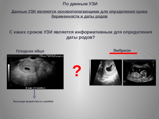 По данным УЗИ Данные УЗИ являются основополагающими для определения срока беременности и даты родов С каких сроков УЗИ является информативным для определения даты родов? Эмбрион Плодное яйцо ? Больш а я вероятность ошибки