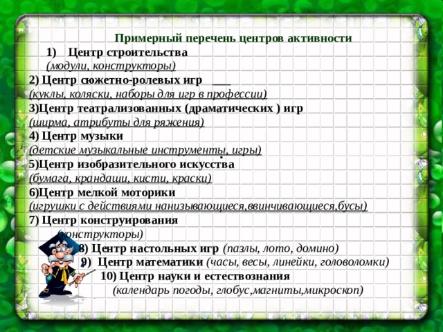 . Примерный перечень центров активности Центр строительства (модули, конструкторы) 2) Центр сюжетно-ролевых игр   (куклы, коляски, наборы для игр в профессии) 3)Центр театрализованных (драматических ) игр (ширма, атрибуты для ряжения) 4) Центр музыки (детские музыкальные инструменты, игры) 5)Центр изобразительного искусства (бумага, крандаши, кисти, краски) 6)Центр мелкой моторики (игрушки с действиями нанизывающиеся,ввинчивающиеся,бусы) 7) Центр конструирования  (конструкторы)  8) Центр настольных игр (пазлы, лото, домино)  9) Центр математики (часы, весы, линейки, головоломки)  10) Центр науки и естествознания  (календарь погоды, глобус,магниты,микроскоп)