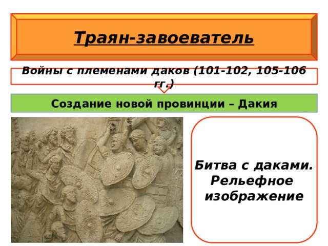 Траян-завоеватель Войны с племенами даков (101-102, 105-106 гг.) Создание новой провинции – Дакия Битва с даками. Рельефное изображение