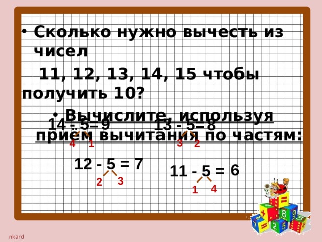 Сколько нужно вычесть из чисел  11, 12, 13, 14, 15 чтобы получить 10? Вычислите, используя приём вычитания по частям: