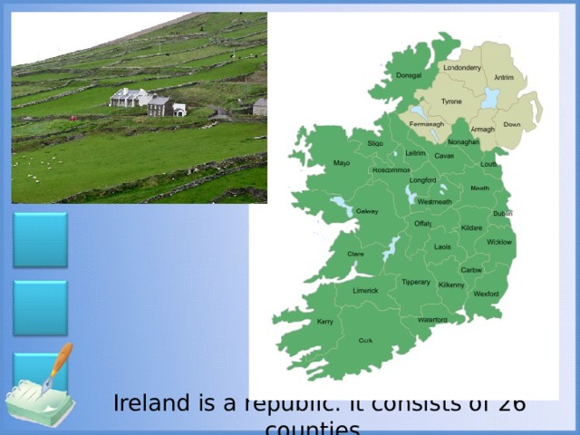 Ireland is a republic. It consists of 26 counties.