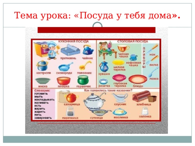 Тема урока: «Посуда у тебя дома ».