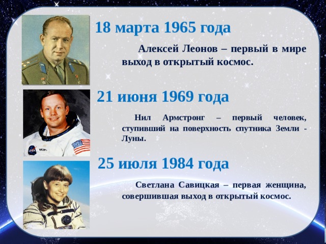 18 марта 1965 года  Алексей Леонов – первый в мире выход в открытый космос. 21 июня 1969 года  Нил Армстронг – первый человек, ступивший на поверхность спутника Земли - Луны. 25 июля 1984 года  Светлана Савицкая – первая женщина, совершившая выход в открытый космос.