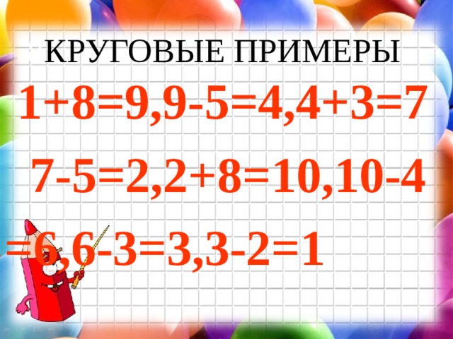 8 КРУГОВЫЕ ПРИМЕРЫ  1+8=9,9-5=4,4+3=7  7-5=2,2+8=10,10-4 =6,6-3=3,3-2=1