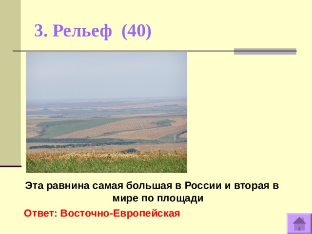 3. Рельеф (40)   Эта равнина самая большая в России и вторая в мире по площади Ответ: Восточно-Европейская