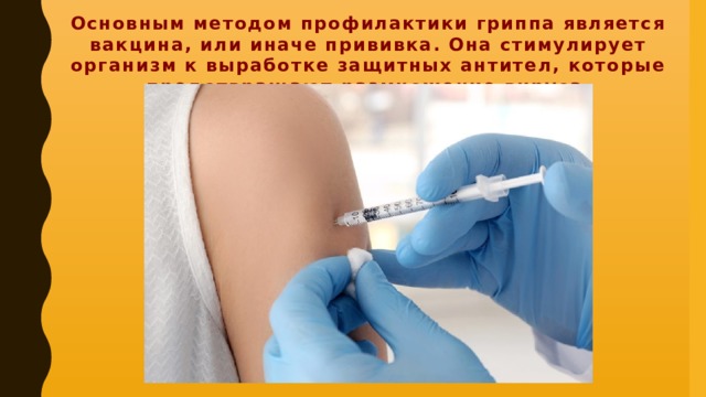 Основным методом профилактики гриппа является вакцина, или иначе прививка. Она стимулирует организм к выработке защитных антител, которые предотвращают размножение вируса.