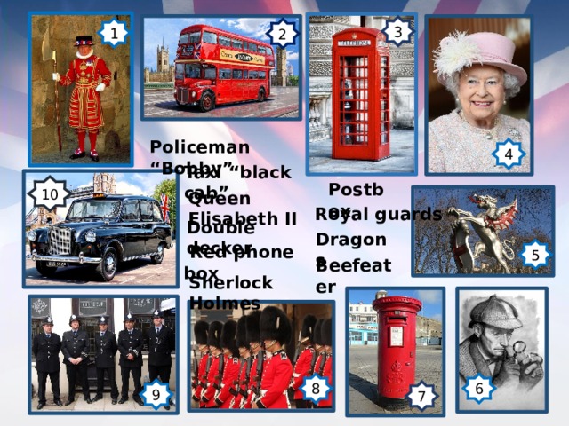 3 1 2 Policeman “Bobby” 4 Taxi “black cab” Postbox 10 Queen Elisabeth II Royal guards  Double decker Dragons  Red phone box 5 Beefeater Sherlock Holmes  6 8 9 7