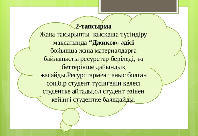 2-тапсырма Жаңа тақырыпты қысқаша түсіндіру мақсатында “Джиксо» әдісі бойынша жаңа материалдарға байланысты ресурстар беріледі, өз беттерінше дайындық жасайды.Ресурстармен таныс болған соң,бір студент түсінгенін келесі студентке айтады,ол студент өзінен кейінгі студентке баяндайды.