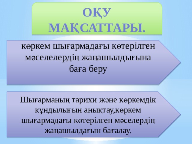 Оқу мақсаттары. көркем шығармадағы көтерілген мәселелердің жаңашылдығына баға беру Шығарманың тарихи және көркемдік құндылығын анықтау,көркем шығармадағы көтерілген мәселердің жаңашылдағын бағалау.