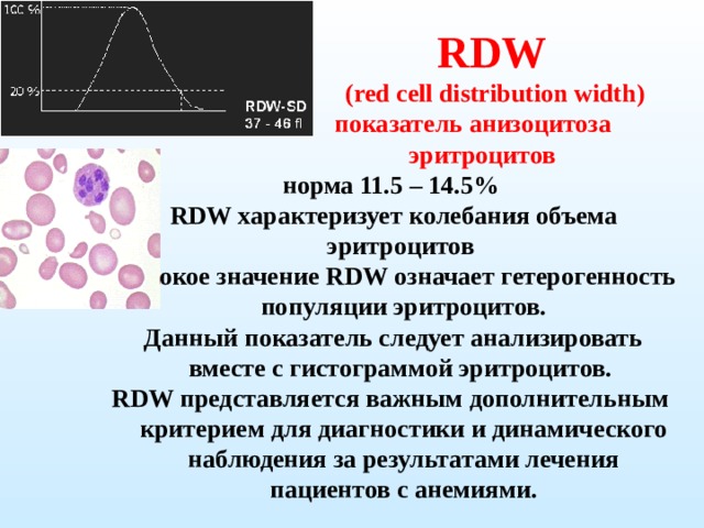 RDW   (red cell distribution width)  показатель анизоцитоза  эритроцитов норма 11.5 – 14.5%  RDW характеризует колебания объема эритроцитов  Высокое значение RDW означает гетерогенность популяции эритроцитов.  Данный показатель следует анализировать вместе с гистограммой эритроцитов. RDW представляется важным дополнительным критерием для диагностики и динамического наблюдения за результатами лечения пациентов с анемиями.