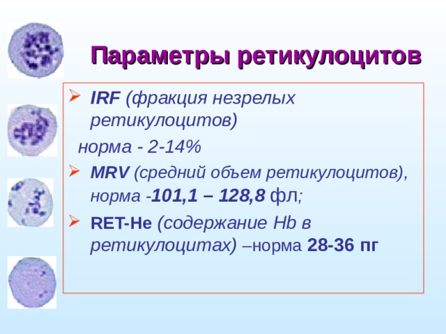 Параметры ретикулоцитов IRF  (фракция незрелых ретикулоцитов)   норма - 2-14% MRV ( средний  объем  ретикулоцитов) , норма - 101,1 – 128,8 фл ; RET-He  (содержание Hb в ретикулоцитах) –норма 28-36 пг