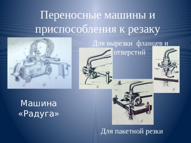 Переносные машины и приспособления к резаку Для вырезки фланцев и отверстий Машина «Радуга» Для пакетной резки