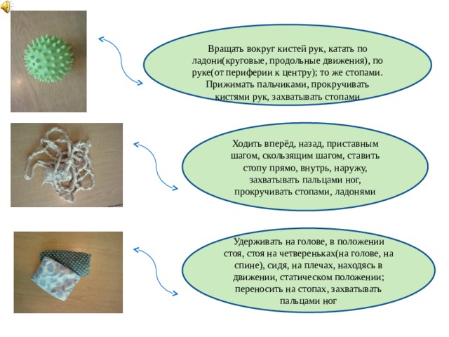 Вращать вокруг кистей рук, катать по ладони(круговые, продольные движения), по руке(от периферии к центру); то же стопами. Прижимать пальчиками, прокручивать кистями рук, захватывать стопами Ходить вперёд, назад, приставным шагом, скользящим шагом, ставить стопу прямо, внутрь, наружу, захватывать пальцами ног, прокручивать стопами, ладонями Удерживать на голове, в положении стоя, стоя на четвереньках(на голове, на спине), сидя, на плечах, находясь в движении, статическом положении; переносить на стопах, захватывать пальцами ног