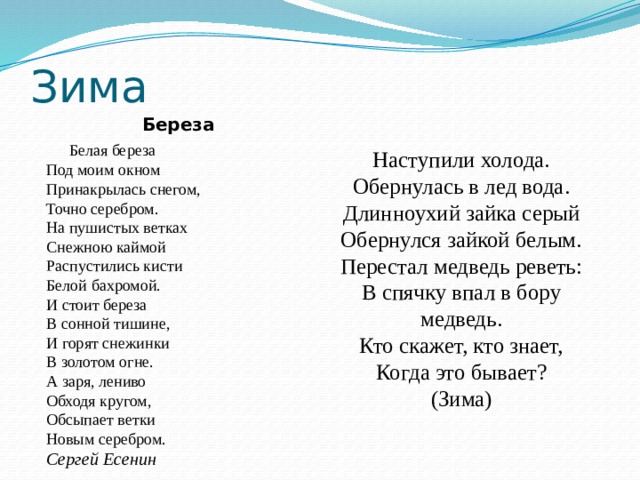 Зима Береза     Белая береза  Под моим окном  Принакрылась снегом,  Точно серебром.  На пушистых ветках  Снежною каймой  Распустились кисти  Белой бахромой.  И стоит береза  В сонной тишине,  И горят снежинки  В золотом огне.  А заря, лениво  Обходя кругом,  Обсыпает ветки  Новым серебром.  Сергей Есенин   Наступили холода.  Обернулась в лед вода.  Длинноухий зайка серый  Обернулся зайкой белым.  Перестал медведь реветь:  В спячку впал в бору медведь.  Кто скажет, кто знает,  Когда это бывает?  (Зима)