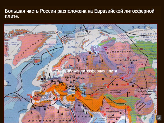 Большая часть России расположена на Евразийской литосферной плите. V - Евразийская литосферная плита