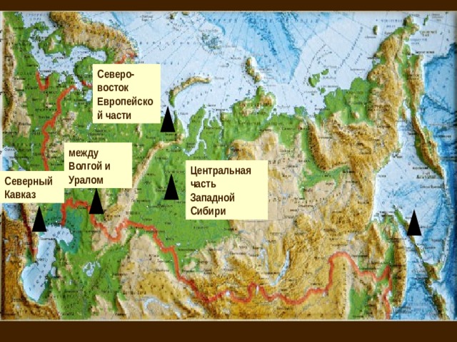 Северо-восток Европейской части между Волгой и Уралом Центральная часть Западной Сибири Северный Кавказ