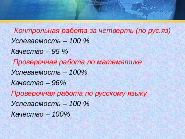 Контрольная работа за четверть (по рус.яз) Успеваемость – 100 % Качество – 95 %  Проверочная работа по математике Успеваемость – 100% Качество – 96% Проверочная работа по русскому языку Успеваемость – 100 % Качество – 100%