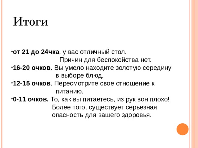 Итоги от 21 до 24чка , у вас отличный стол.  Причин для беспокойства нет. 16-20 очков . Вы умело находите золотую середину  в выборе блюд. 12-15 очков . Пересмотрите свое отношение к  питанию. 0-11 очков. То, как вы питаетесь, из рук вон плохо!  Более того, существует серьезная  опасность для вашего здоровья.