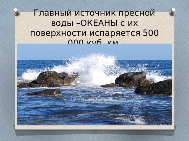 Главный источник пресной воды –ОКЕАНЫ с их поверхности испаряется 500 000 куб. км