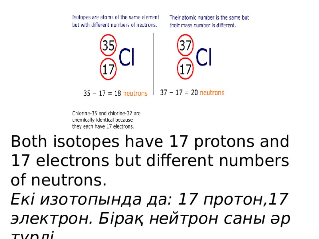 Both isotopes have 17 protons and 17 electrons but different numbers of neutrons.   Екі изотопында да: 17 протон,17 электрон. Бірақ нейтрон саны әр түрлі.