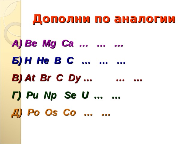 Дополни по аналогии А) Be  Mg  Ca … … …  Б) H  He В С … … … В) At Br C Dy …   … …  Г ) Pu Np Se U … …    Д) Po Os Co … …