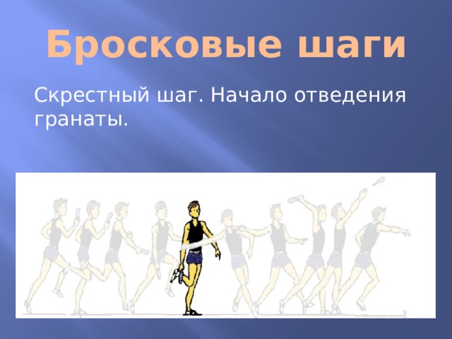 Бросковые шаги Скрестный шаг. Начало отведения гранаты.